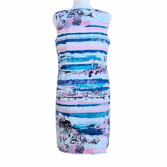 New Artfully Sketched Graphic Design Sheath Dress Size 8 Petite Zip Up Cotton - Picture 13 of 14